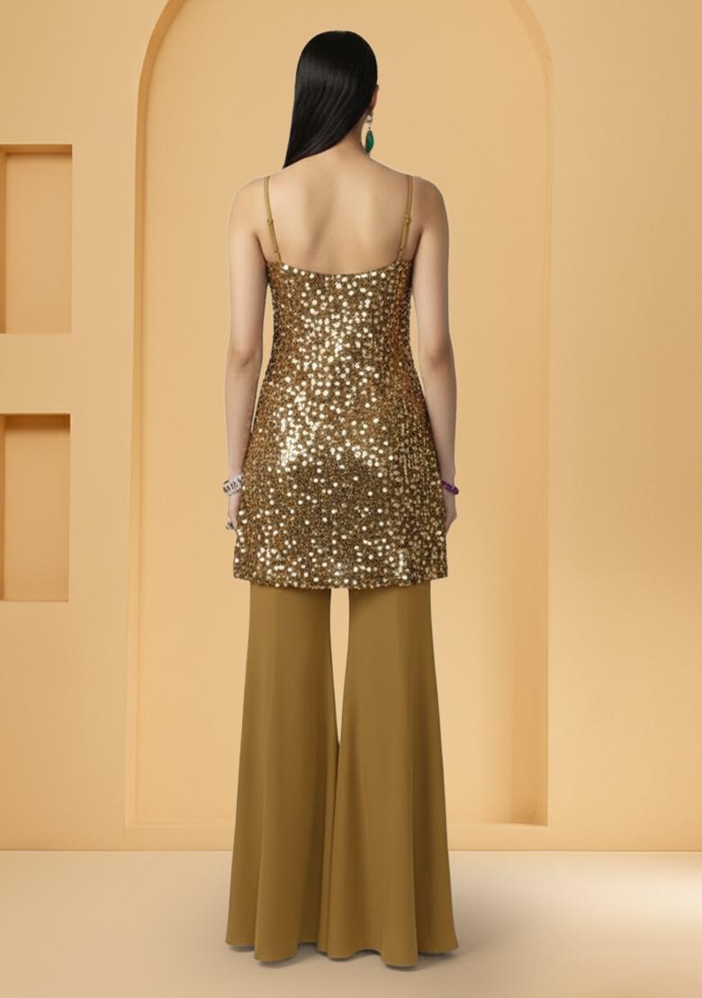 Brown Tilla Zari Cutwork Poly Blend Sharara Set - Indya