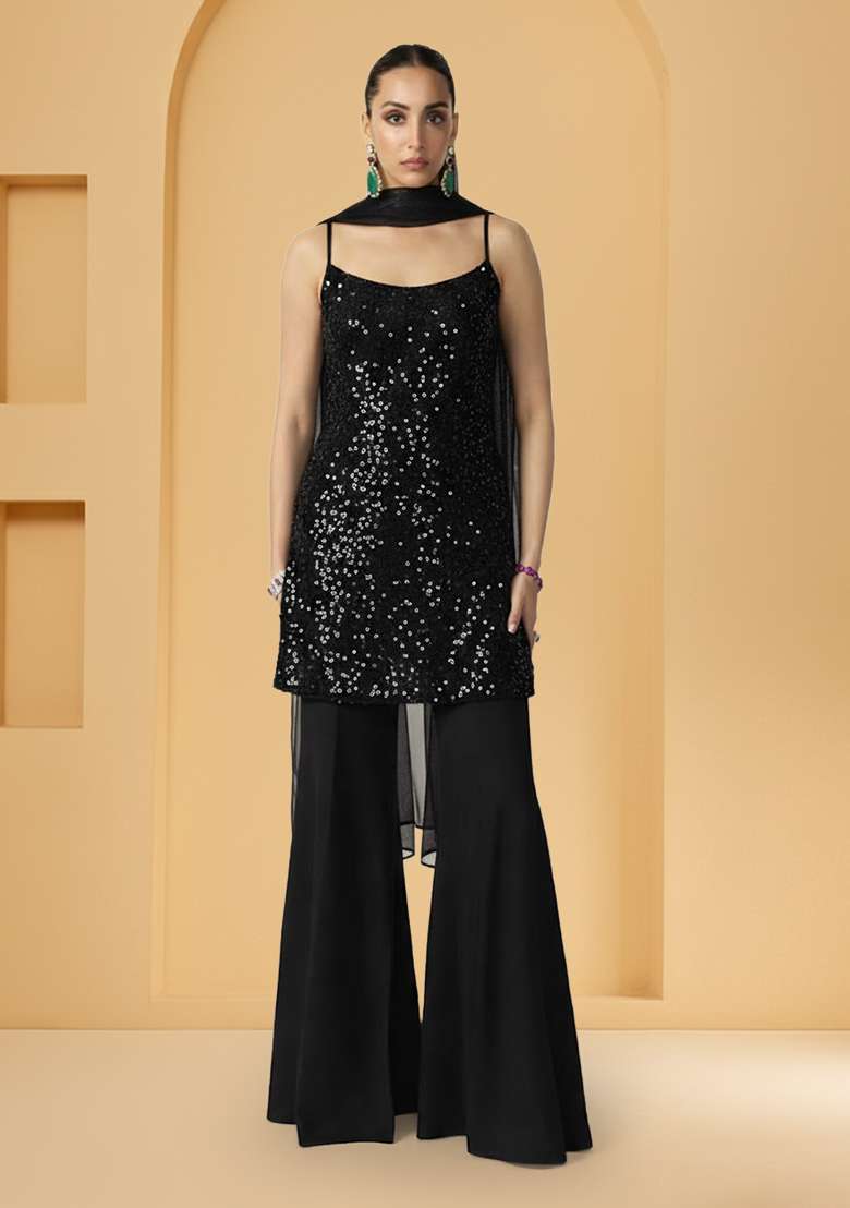 Black Tilla Zari Cutwork Poly Blend Sharara Set - Indya