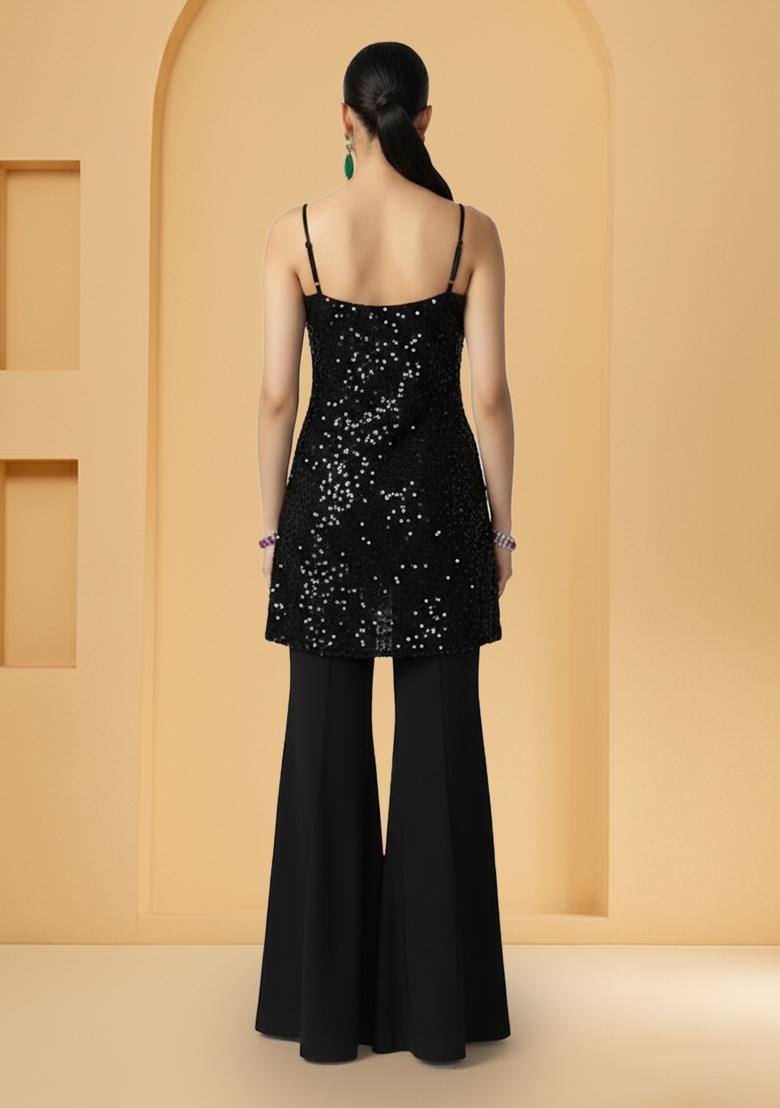 Black Tilla Zari Cutwork Poly Blend Sharara Set - Indya