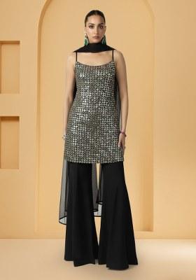 Grey Tilla Zari Cutwork Poly Blend Sharara Set