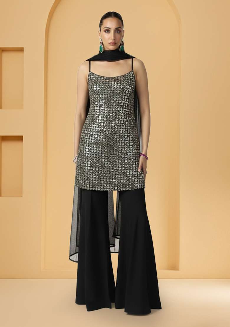 Grey Tilla Zari Cutwork Poly Blend Sharara Set - Indya