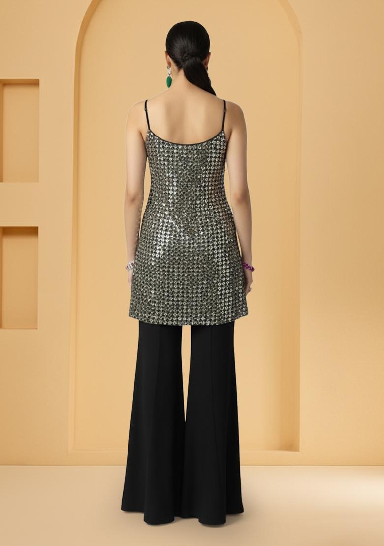 Grey Tilla Zari Cutwork Poly Blend Sharara Set - Indya