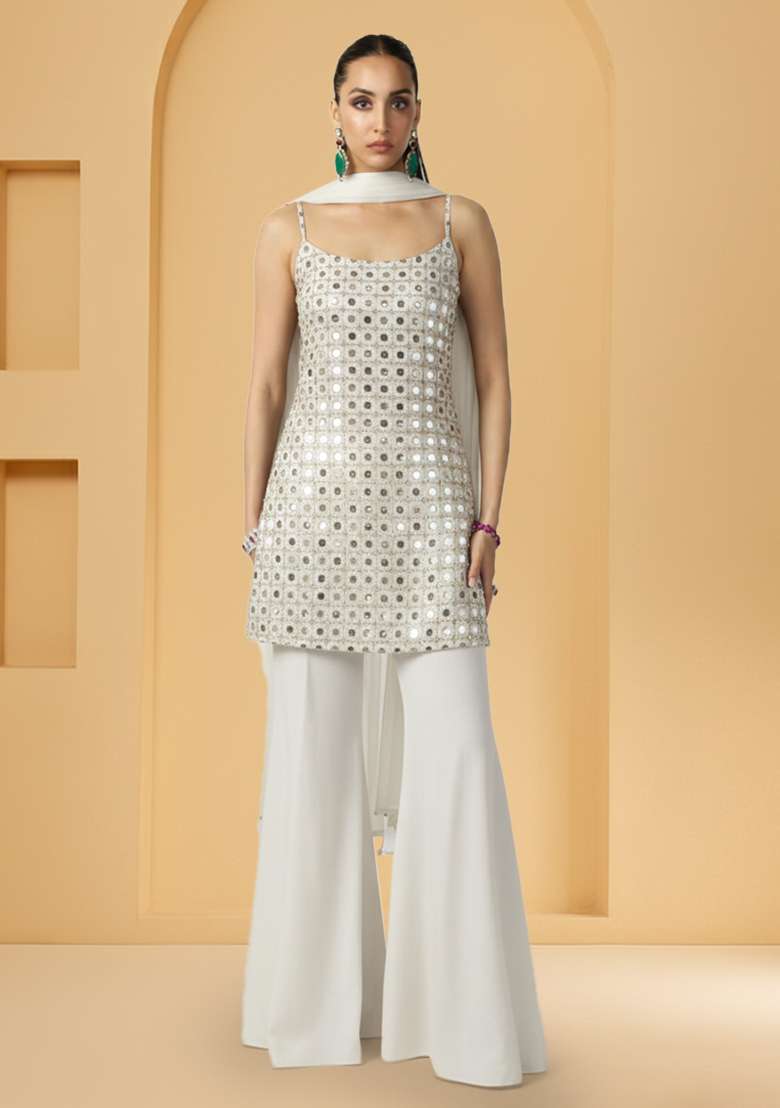 White Mirror Georgette Sharara Set - Indya