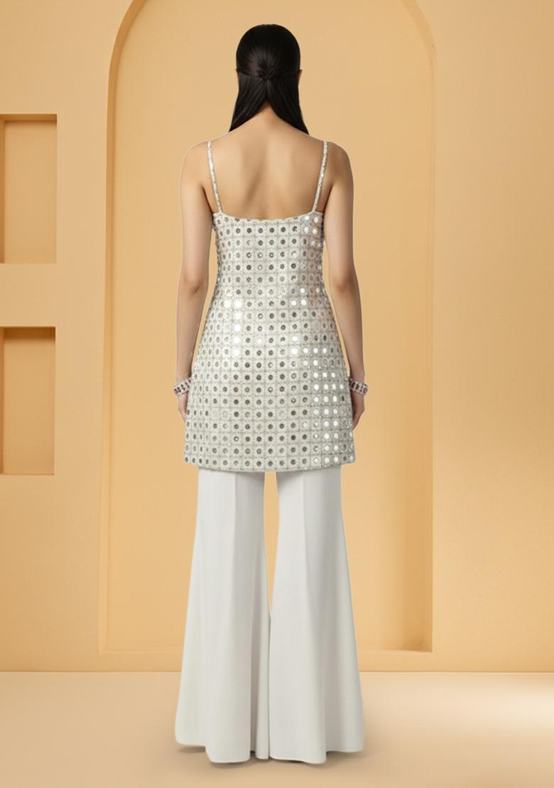 White Mirror Georgette Sharara Set - Indya