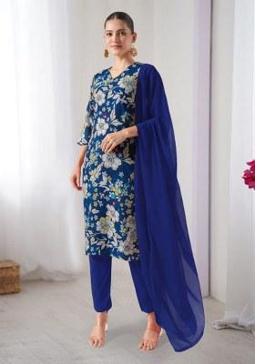 Blue Printed Crepe Kurta Set