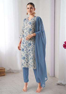 Cream Printed Crepe Kurta Set