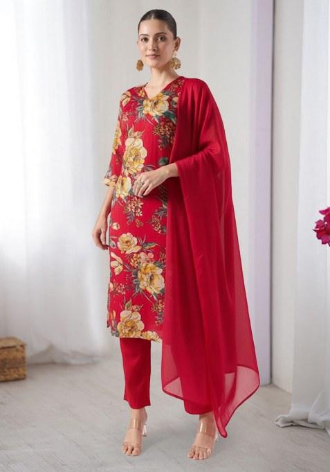 Red Floral Print Crepe Straight Kurta Set