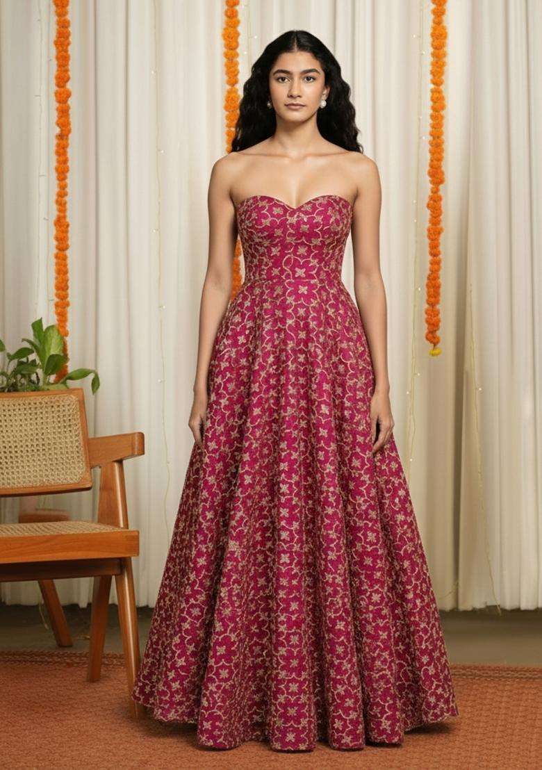 Rani Pink Jacquard Silk Corset Blouse Dress - Indya