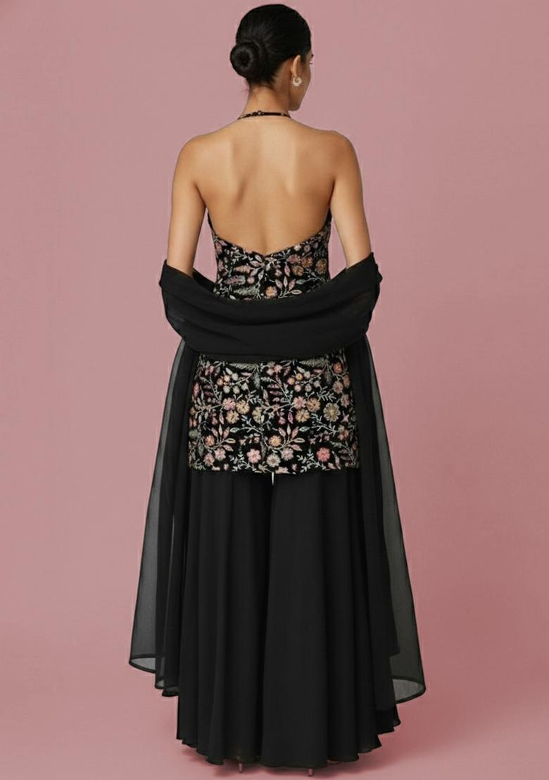 Black Embroidered Velvet Sharara Set - Indya