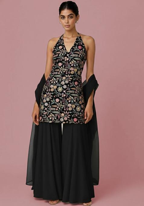 Black Embroidered Velvet Sharara Set