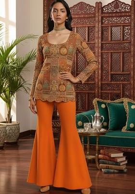Orange Figure Print Crepe Sharara Set