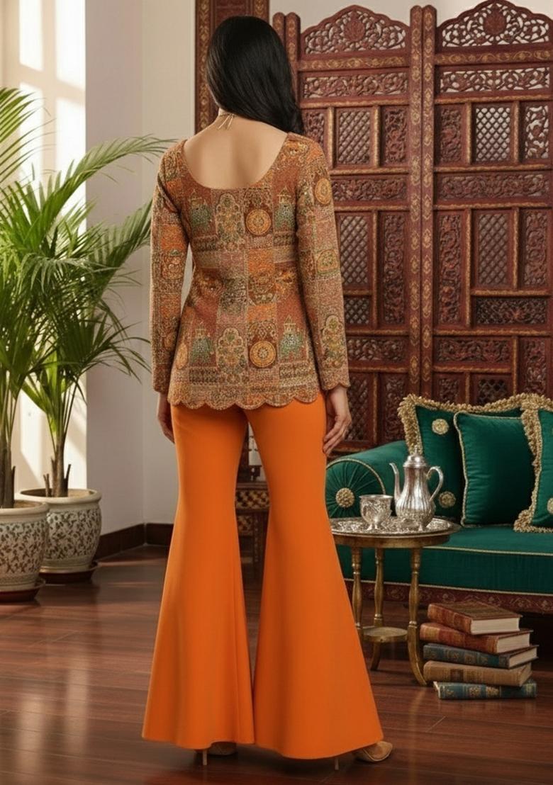 Orange Figure Print Crepe Sharara Set - Indya