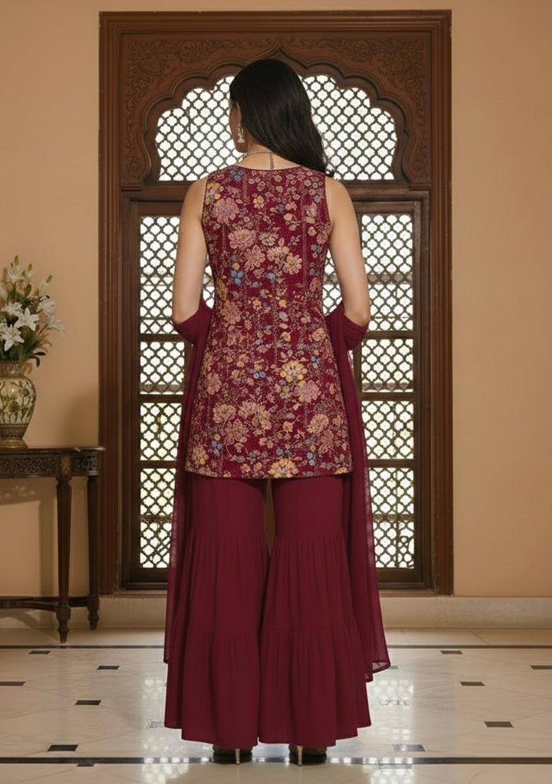 Wine Floral Print Crepe Sharara Set - Indya