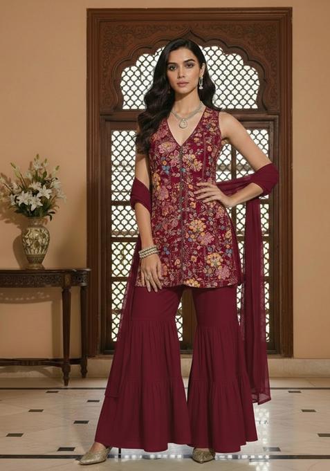 Wine Floral Print Crepe Sharara Set