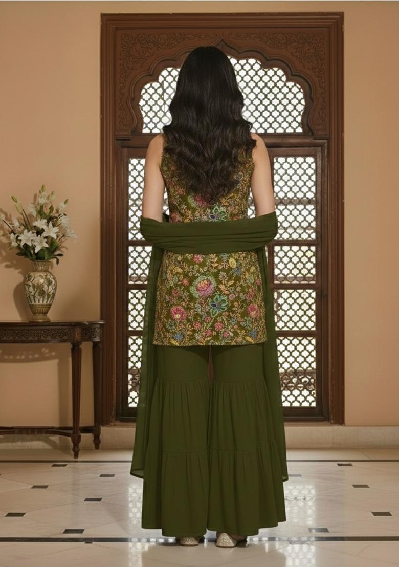 Olive Green Floral Print Crepe Sharara Set - Indya