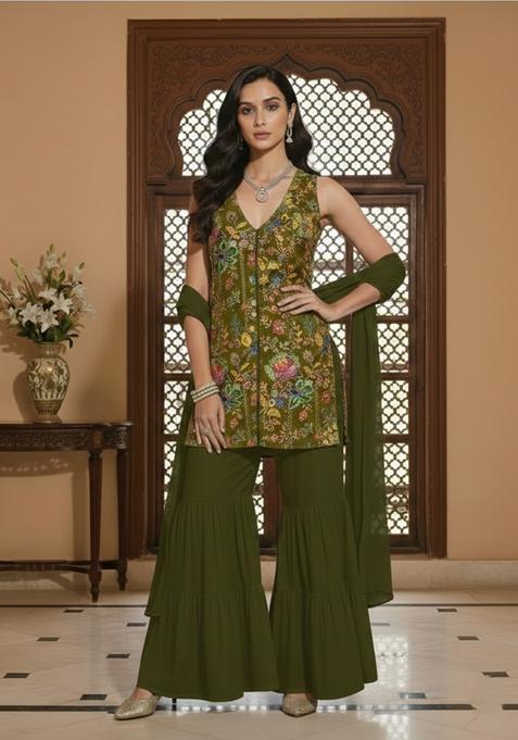 Olive Green Floral Print Crepe Sharara Set
