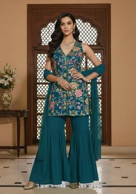 Teal Blue Floral Print Crepe Sharara Set