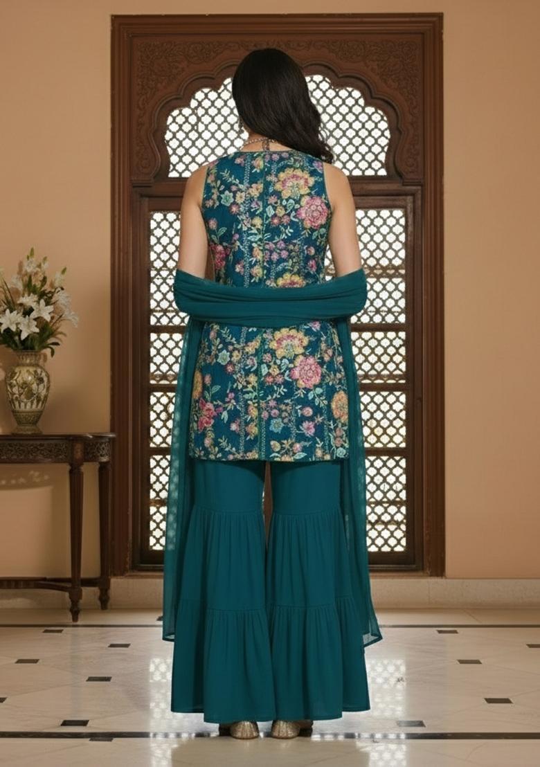 Teal Blue Floral Print Crepe Sharara Set - Indya