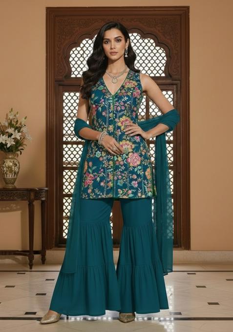 Teal Blue Floral Print Crepe Sharara Set