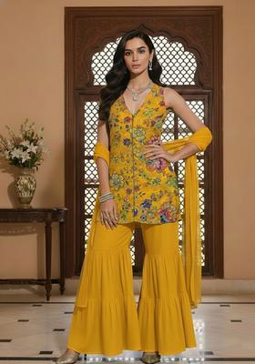 Yellow Floral Print Crepe Sharara Set