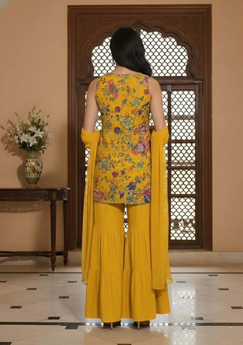 Yellow Floral Print Crepe Sharara Set - Indya