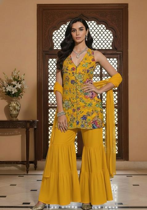 Yellow Floral Print Crepe Sharara Set