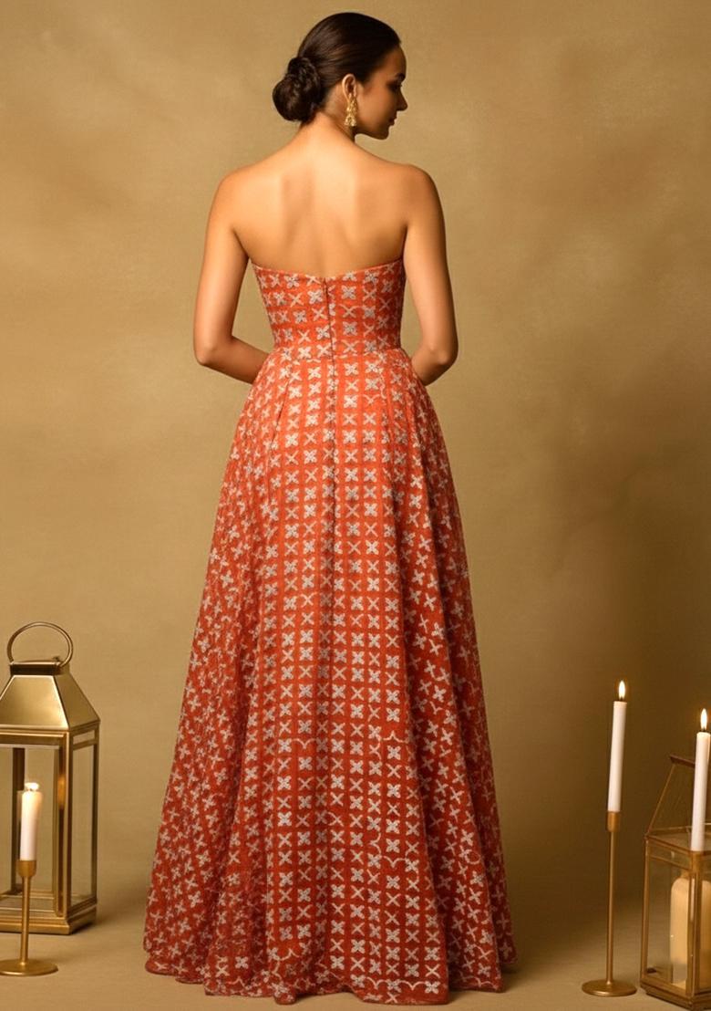 Peach Jacquard Silk Dress - Indya