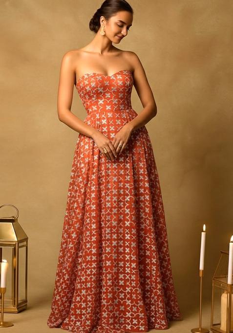 Peach Jacquard Silk Dress