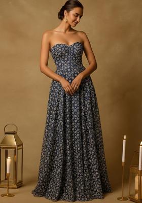 Dark Blue Jacquard Silk Dress