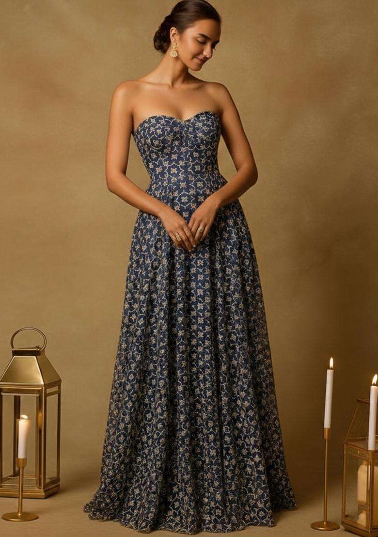 Dark Blue Jacquard Silk Corset Blouse Dress - Indya