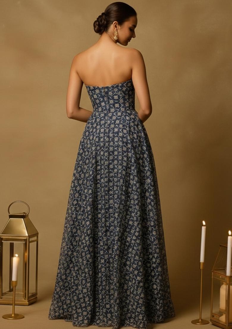 Dark Blue Jacquard Silk Dress - Indya