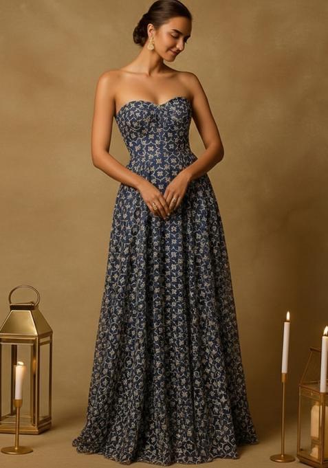 Dark Blue Jacquard Silk Dress