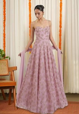 Dusty Pink Net Embroidered Anarkali With Dupatta