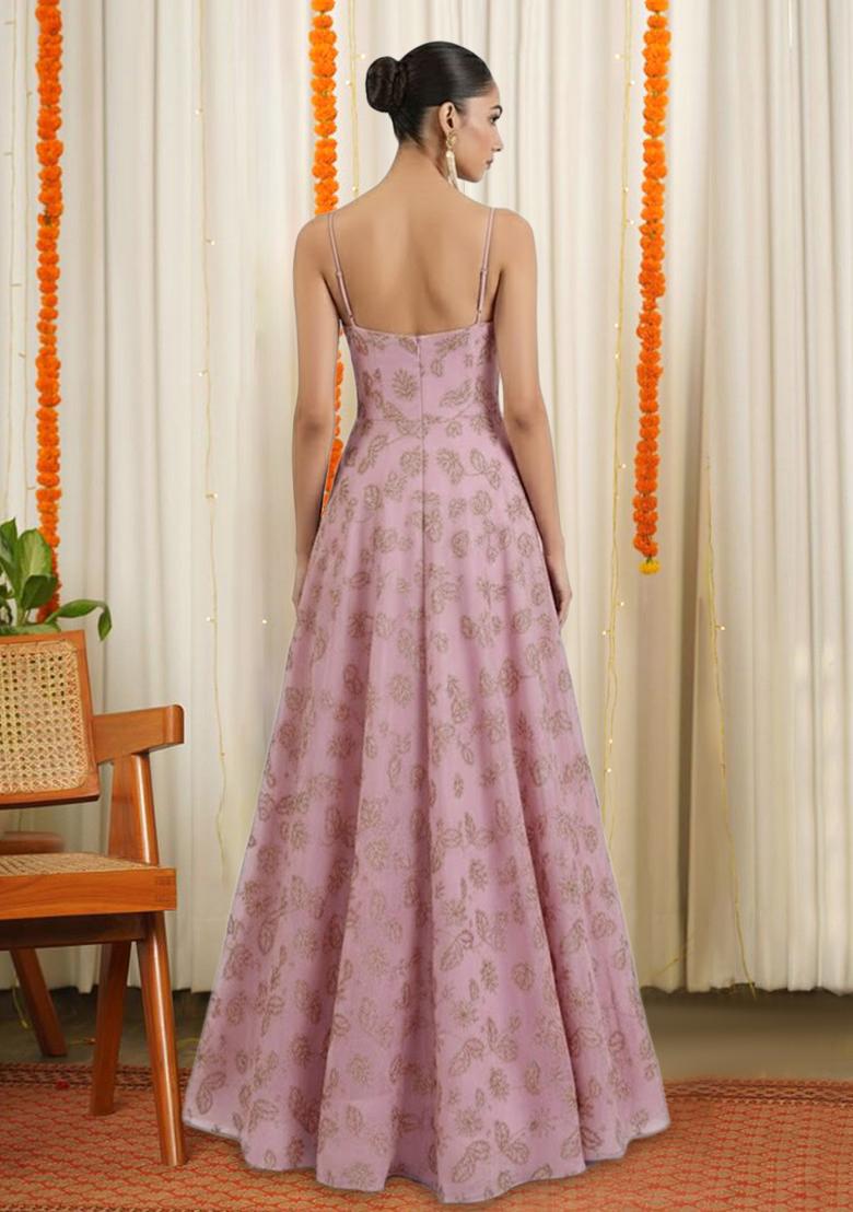 Dusty Pink Net Embroidered Anarkali With Dupatta - Indya