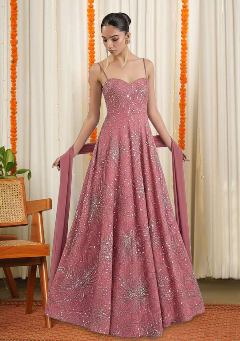 Mauve Pink Chinon Sequin Anarkali With Dupatta - Indya