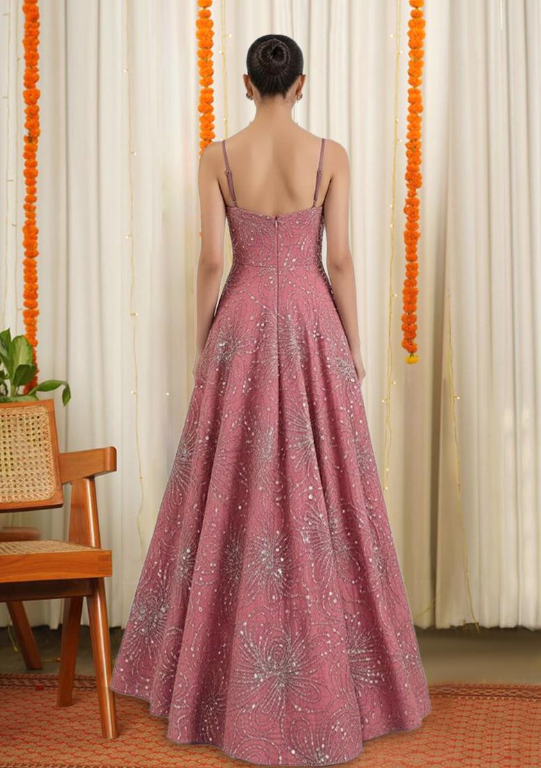 Mauve Pink Chinon Sequin Anarkali With Dupatta - Indya