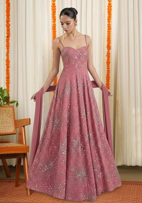 Mauve Pink Chinon Sequin Anarkali With Dupatta