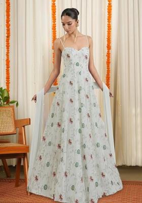 White Tissue Embroidered Anarkali With Dupatta