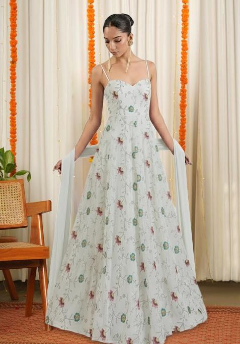 White Tissue Embroidered Anarkali With Dupatta