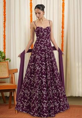 Deep Wine Crepe Printed Anarkali With Dupatta