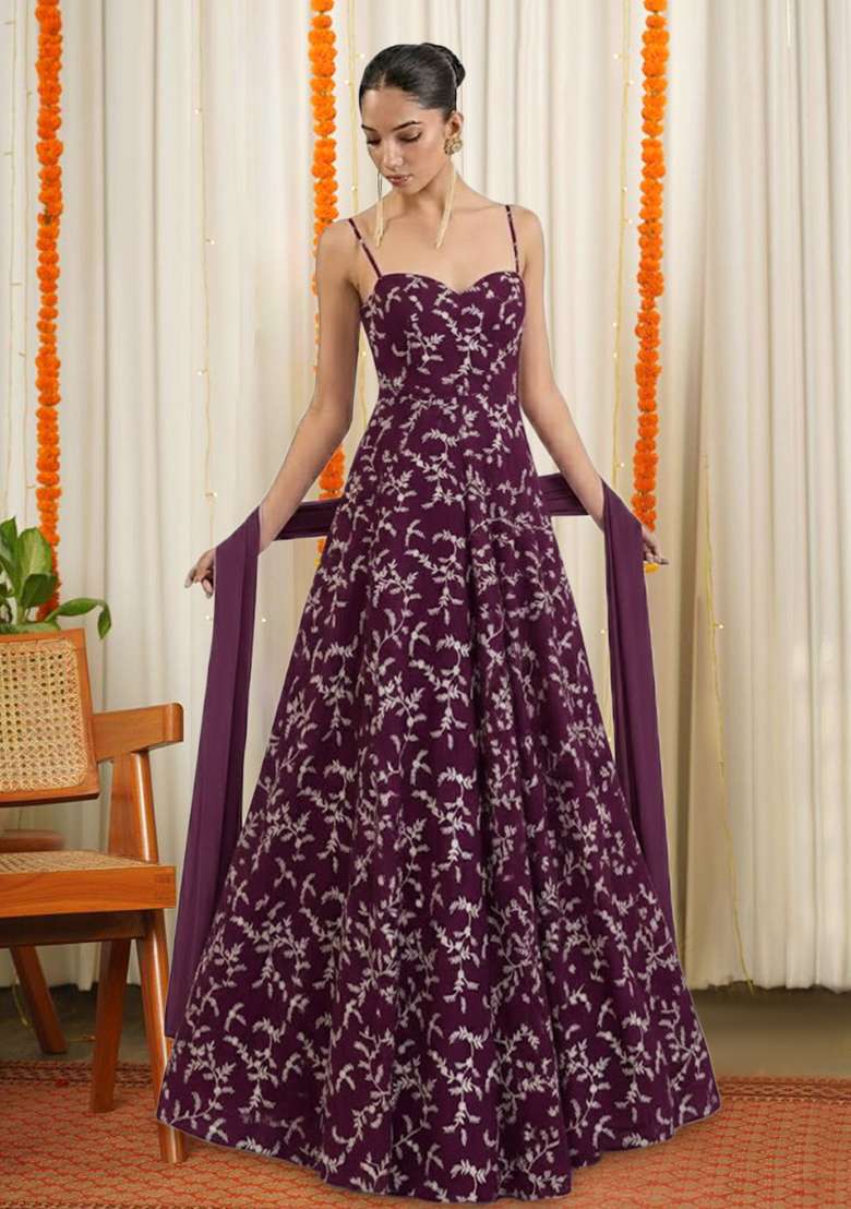 Deep Wine Crepe Printed Anarkali With Dupatta - Indya