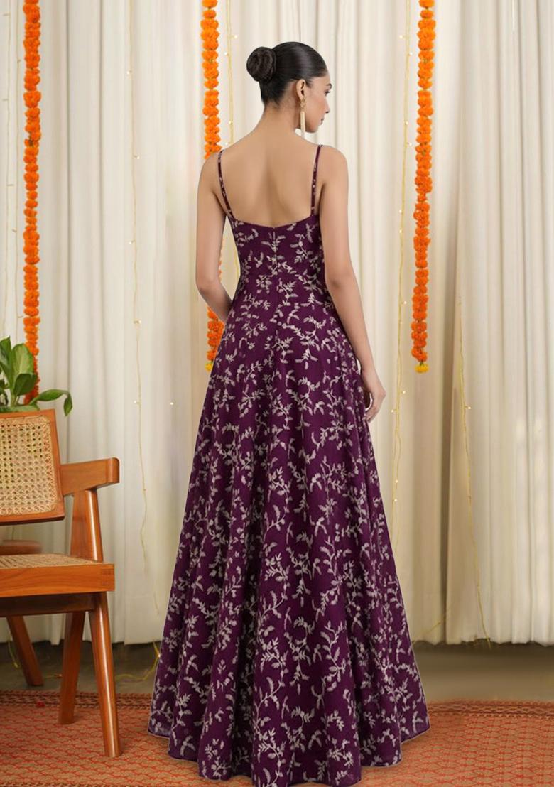 Deep Wine Crepe Printed Anarkali With Dupatta - Indya