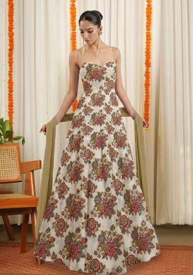 Off White Organza Printed Anarkali With Dupatta