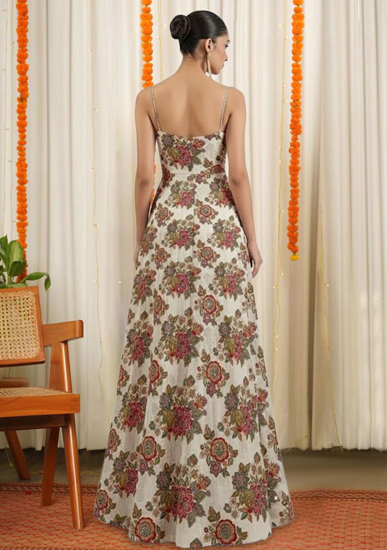 Off White Organza Printed Anarkali With Dupatta - Indya