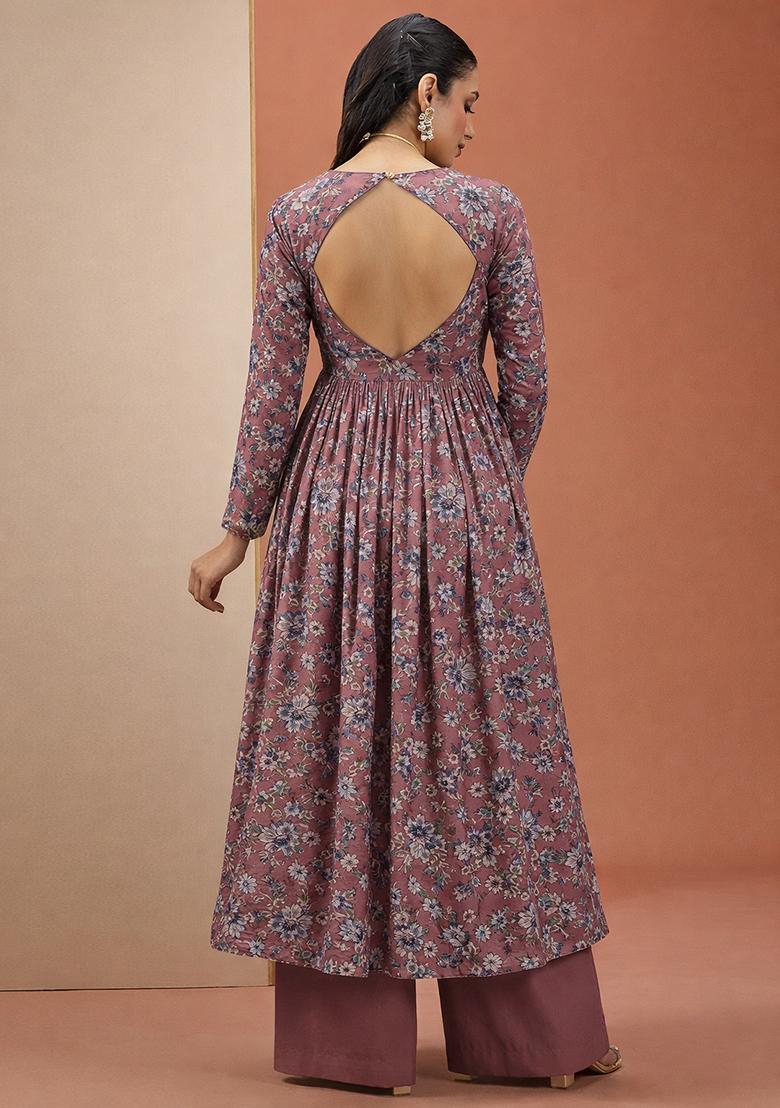 Dusty Rose Crepe Printed Anarkali Set - Indya