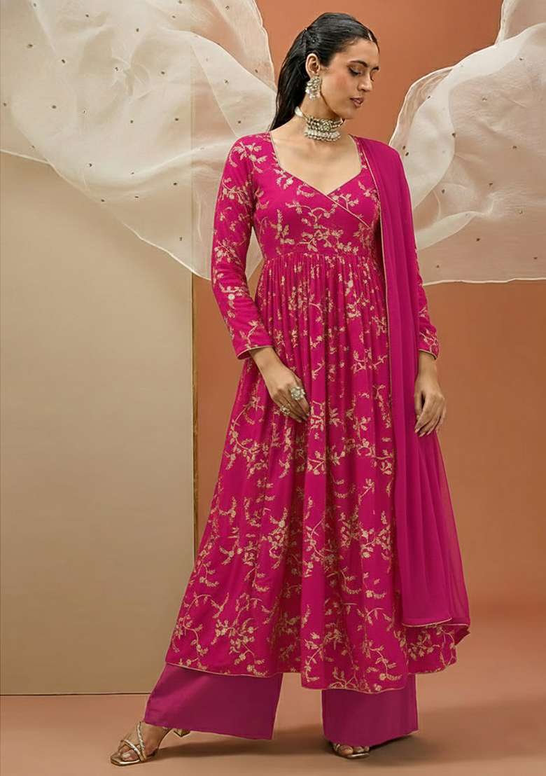 Magenta Crepe Printed Anarkali Set - Indya