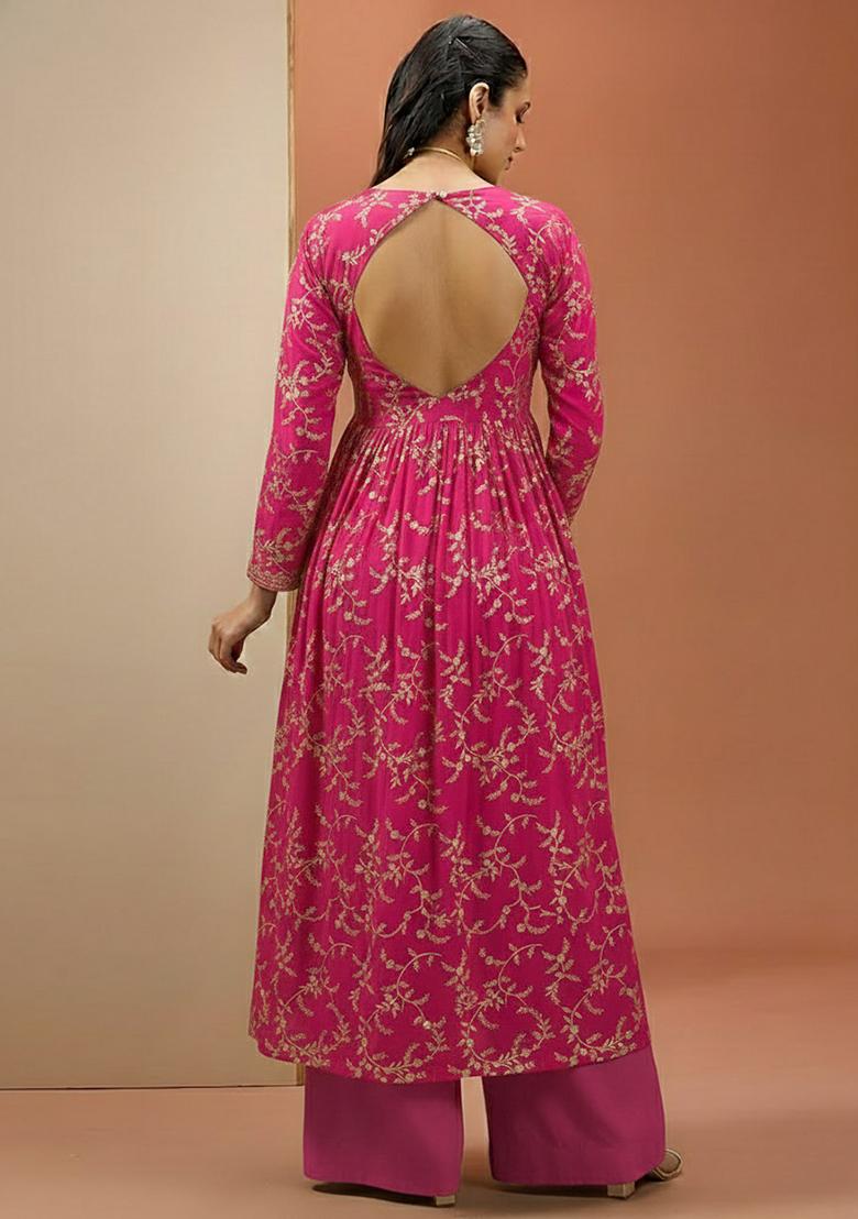 Magenta Crepe Printed Anarkali Set - Indya