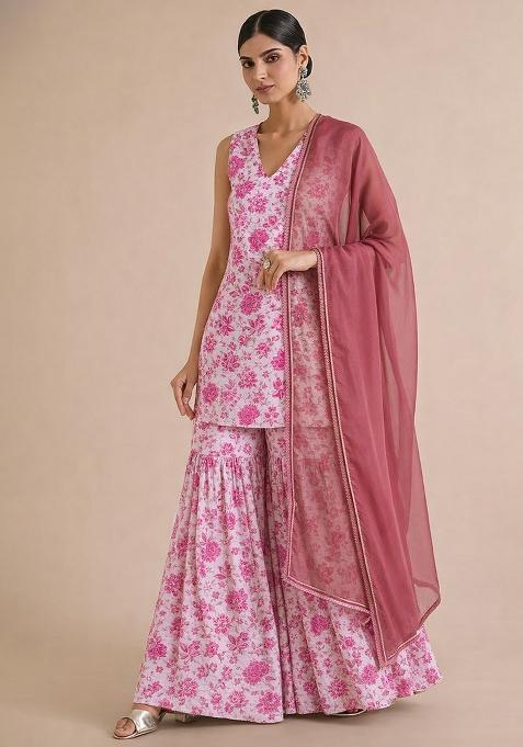 Soft Pink Crepe Printed Sharara Set