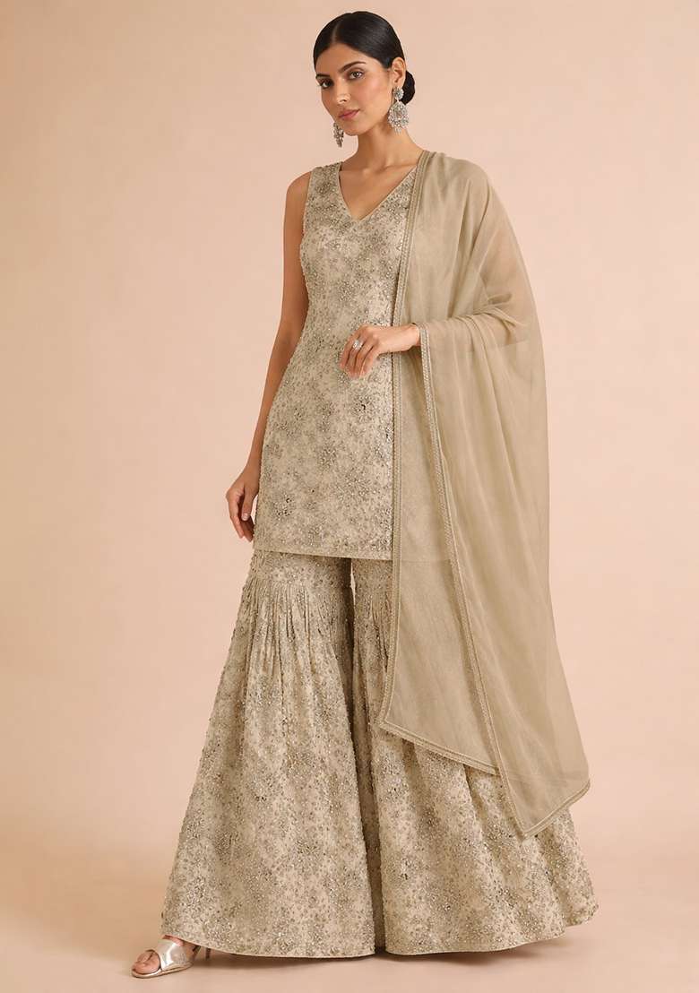 Soft Gold Tissue Embroidered Sharara Set - Indya