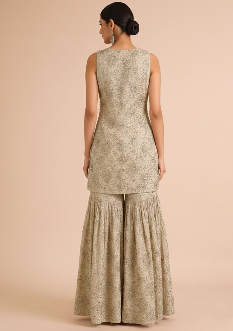 Soft Gold Tissue Embroidered Sharara Set - Indya